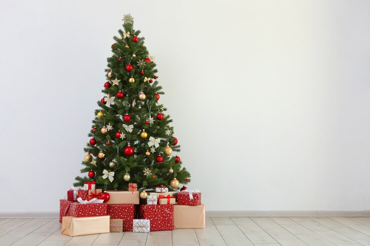 Photo many gifts under a festively decorated christmas tree in a bright interior