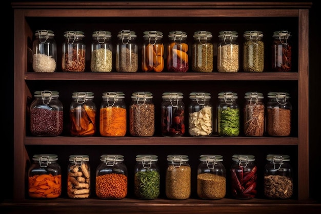 many glass bottles with preserved food set in wooden cabinet