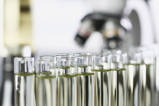 Many glass test tubes with yellow liquid standing in laboratory closeup