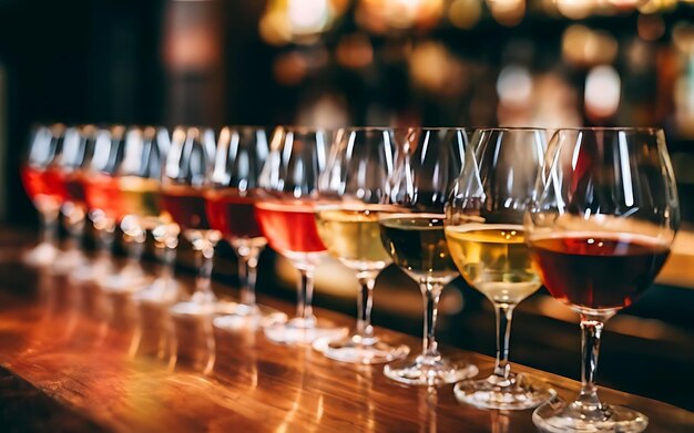 Many glasses of different wine in a row on bar counter