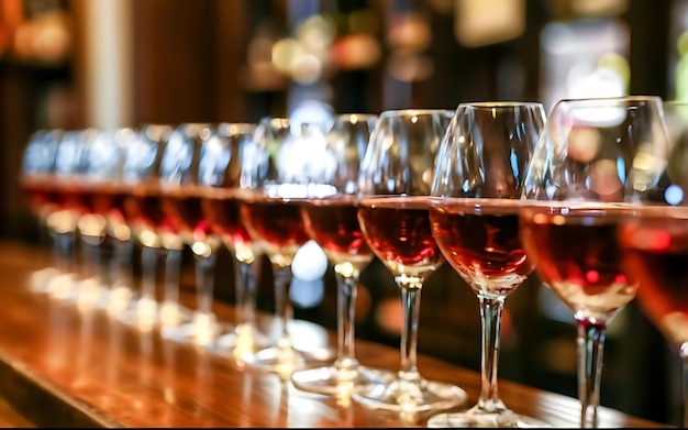 Many glasses of different wine in a row on bar counter