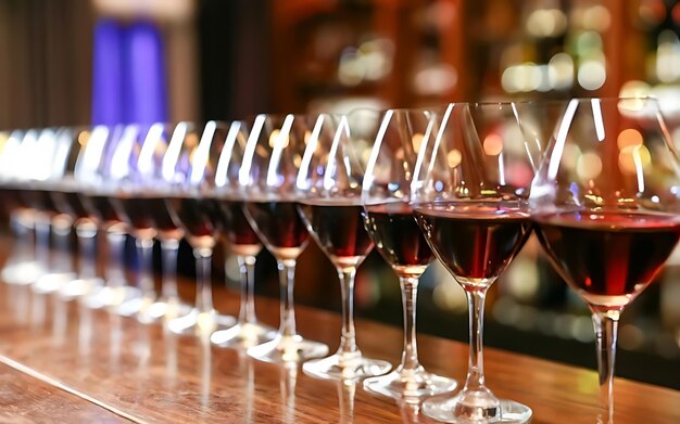 Many glasses of different wine in a row on bar counter