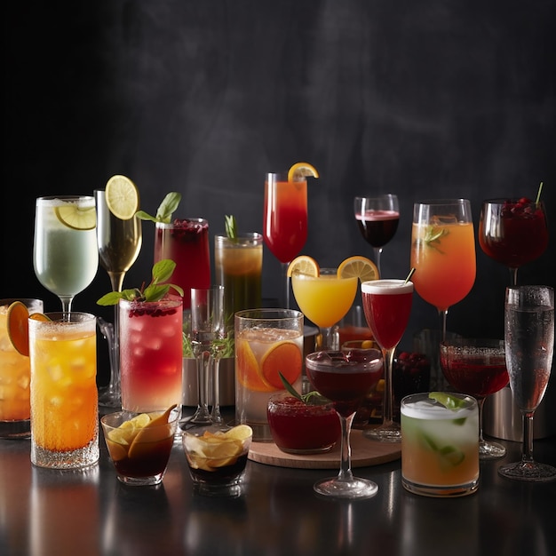 Many glasses and glasses with multicolored appetizing fruit cocktails and juices on black