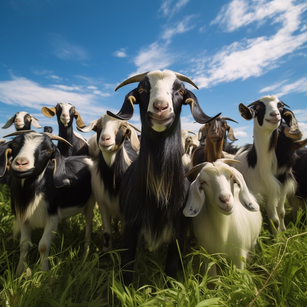 many goat in green grass farm blue sky