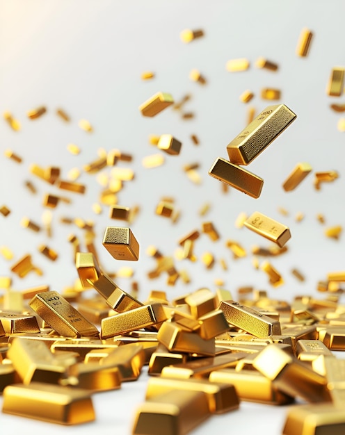 Photo many gold bars falling on white background