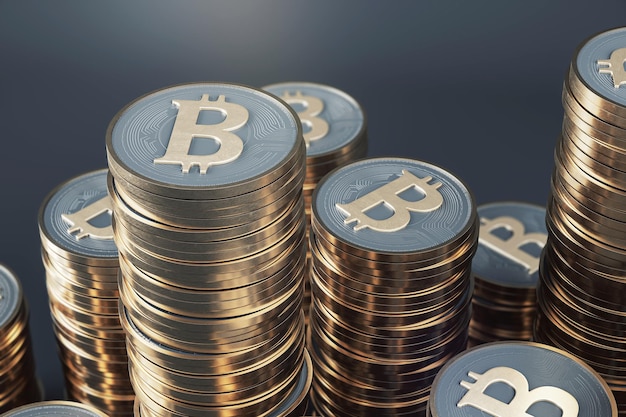 Фото Много золотых биткойн-монет стеки на темно-сером фоне криптовалюта и концепция майнинга крупным планом 3d рендеринг
