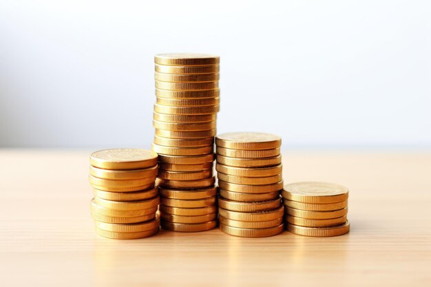 Many golden coins stacked on wooden table against white background