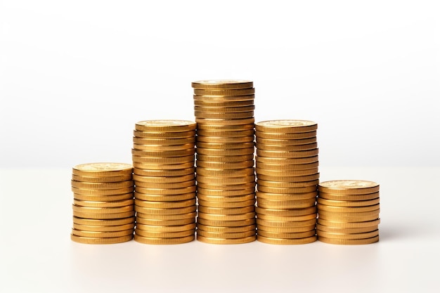 Many golden coins stacked on wooden table against white background