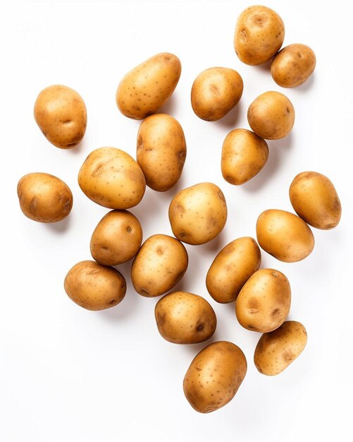 many of golden potatoes levitates isolated on a white background