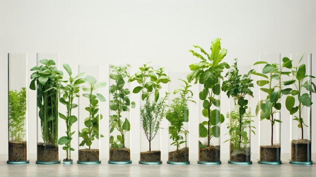 Many green plants in test tubes