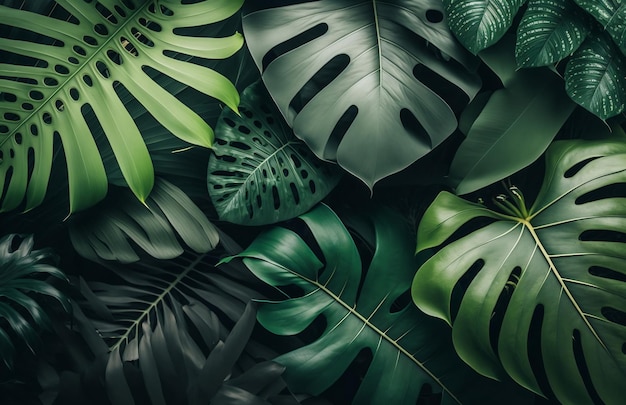 Many green tropical leaves background Ai generative