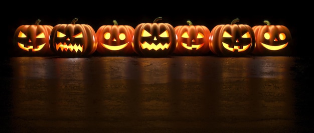 Многие светящиеся лица Хэллоуинской тыквы подряд изолированы на черном фоне. 3D-рендеринг.