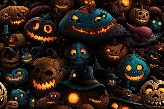 Photo many halloween pumpkins are shown in this image