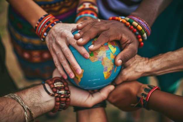 Many hands of different ethnicities touching the globe