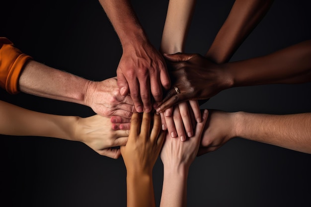 Many hands of different races and ethnicities