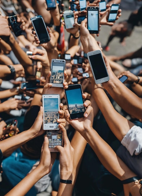 사진 도시 에서 휴대 전화 를 들고 있는 많은 사람 들