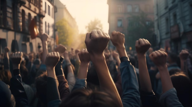 Many hands raised up in the air during a protest or demonstration Generative Ai