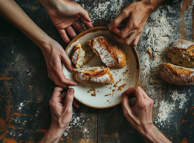 Many hands reaching for crumbled bread on dark background food shortage economic crisis rising