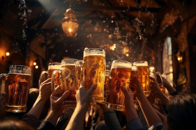 many hands toasting with full beer glasses