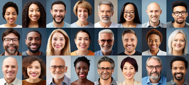 Many happy diverse ethnicity different young and old people group headshots in collage mosaic collection Lot of smiling multicultural faces looking at camera Human resource society database concept