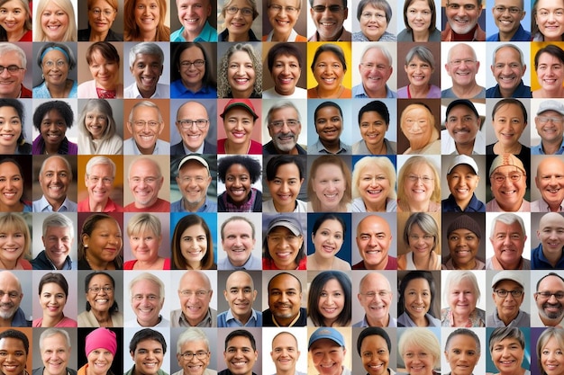 many happy diverse ethnicity different young and old people group headshots in collage mosaic