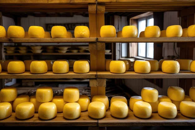 Foto molte teste di formaggio olandese giallo in cera maturano su scaffali di legno in una fabbrica di formaggio
