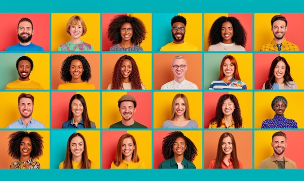 Foto molti scatti di uomini e donne sorridenti di tutte le età su uno sfondo colorato che guardano la telecamera