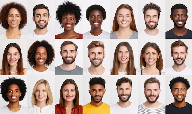 Photo many headshots of a smiling men and women on a white background looking at the camera