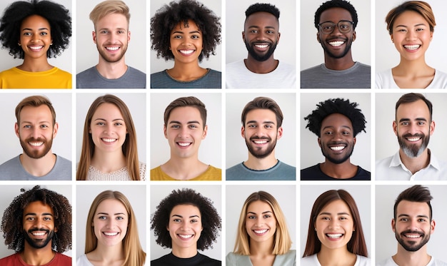 Photo many headshots of a smiling men and women on a white background looking at the camera