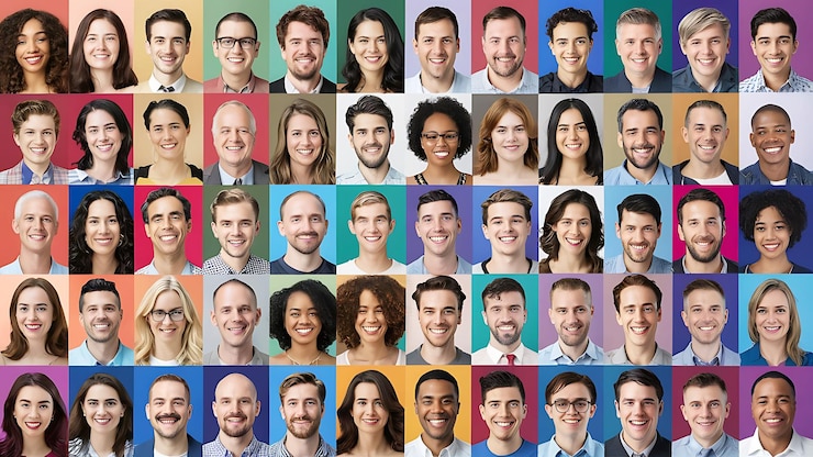 फोटो many headshots of a smiling men and women on a white background looking at the camera