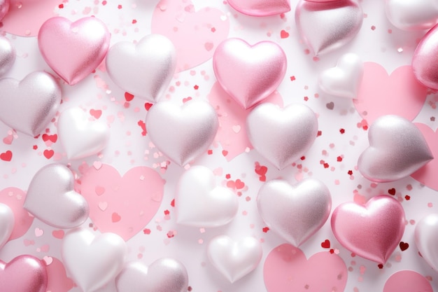 many heart heart foil balloons surrounding pink confetti