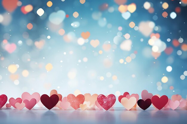 Photo many hearts of different shapes sizes and colors on a blue background with bokeh