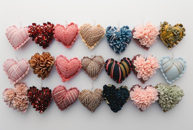 Photo many hearts made of different colors are shown on white surface