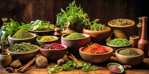 Many herbs are shown and in bowls on a wooden table