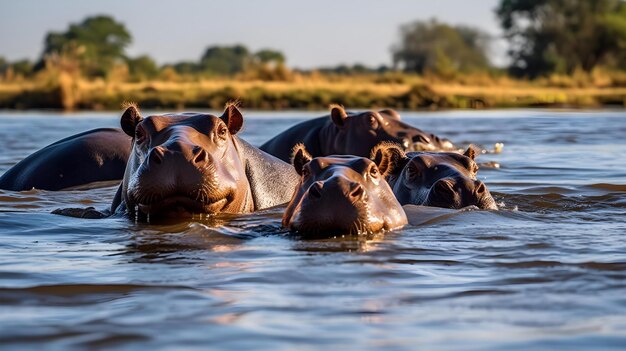 many hippos that are swimming in the water