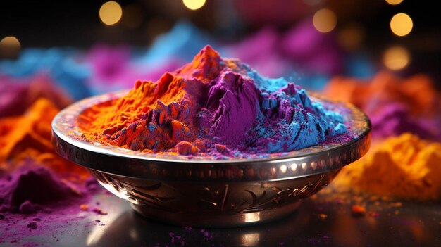 Many holi powder in bowl with scattered powder beside the bowl