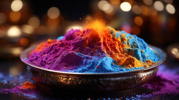 Photo many holi powder in bowl with scattered powder beside the bowl