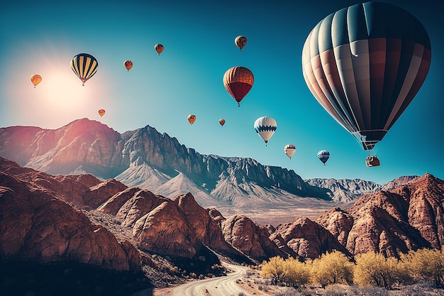 Many hot air balloon flying in blue sky Illustration Generative AI