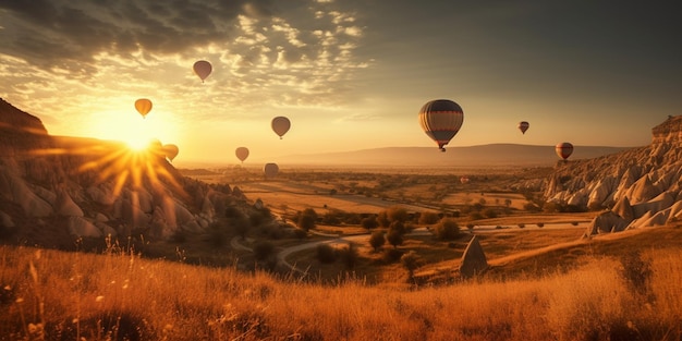 Many hot air balloon in sunset Cappadocia