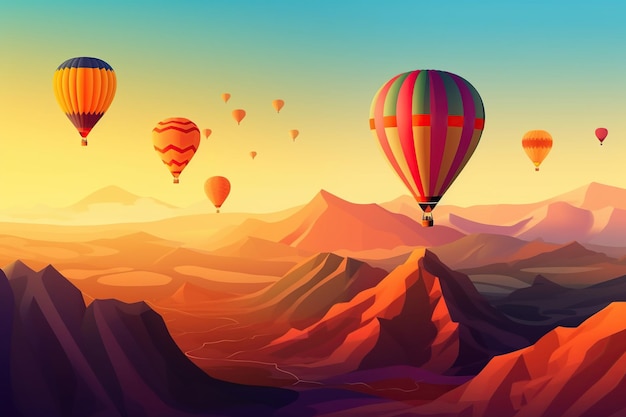 Many hot air balloons in the sky over the mountains at sunrise generative ai