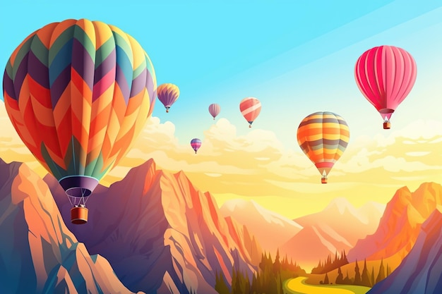 Many hot air balloons in the sky over the mountains at sunrise generative ai