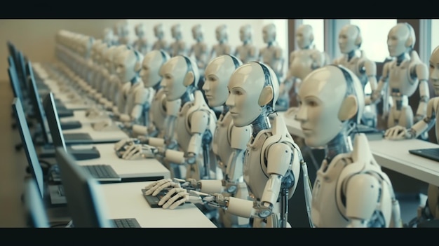 Photo many identical ai robots sitting at desk in the office and working with computers generative ai