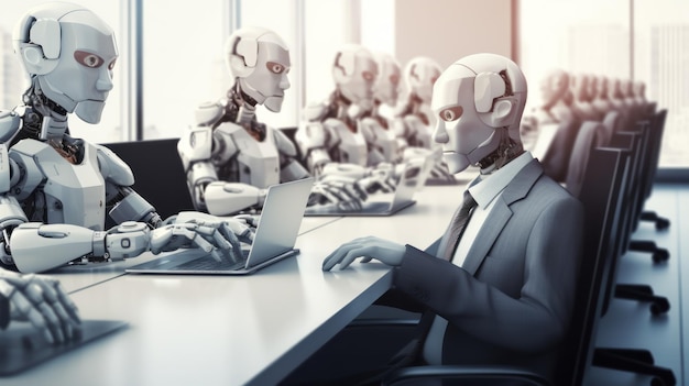 Many identical AI robots sitting at desk in the office and working with computers