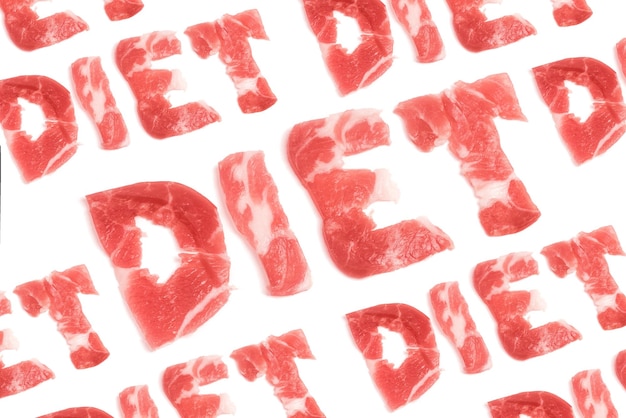 Many inscriptions DIET lined with raw meat on a white background Texture