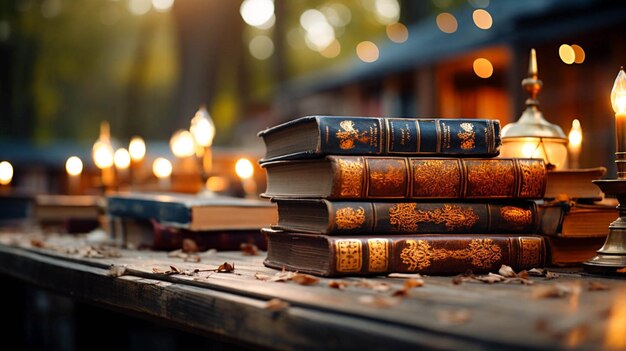 Photo many kind of old books and blurred in a book shop or library blurred effect background