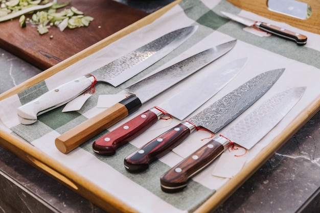 Photo many kind of sharpen japanese kitchen knives.