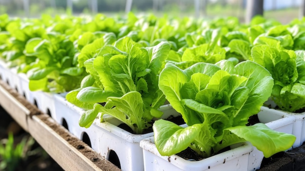 Many kinds of vegetables are in boxes young and fresh vegetables salad growing garden farm plants
