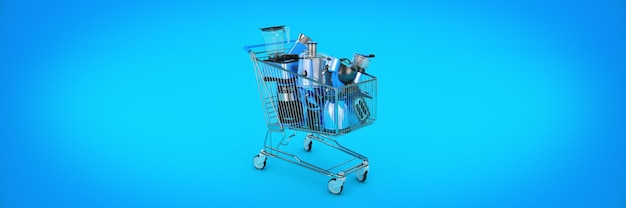 Many Kitchen Appliance Falling in Shopping Cart. 3d Rendering