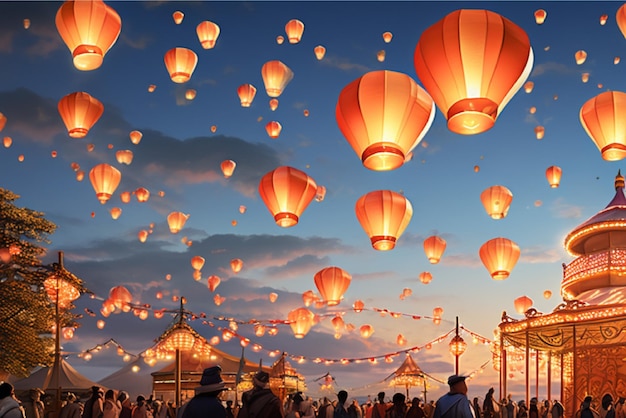 Many lanterns are flying in the sky