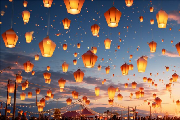 Many lanterns are flying in the sky